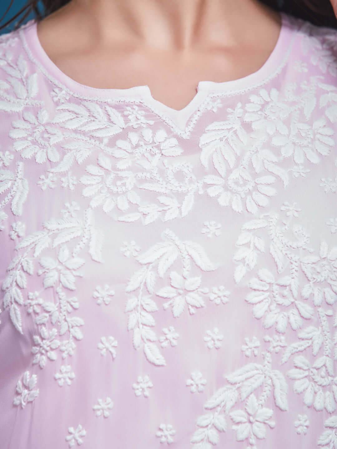 ASMA Chikankari Georgette Cuff Pleat Baby Pink Kurta - KRI CHIKANKARI