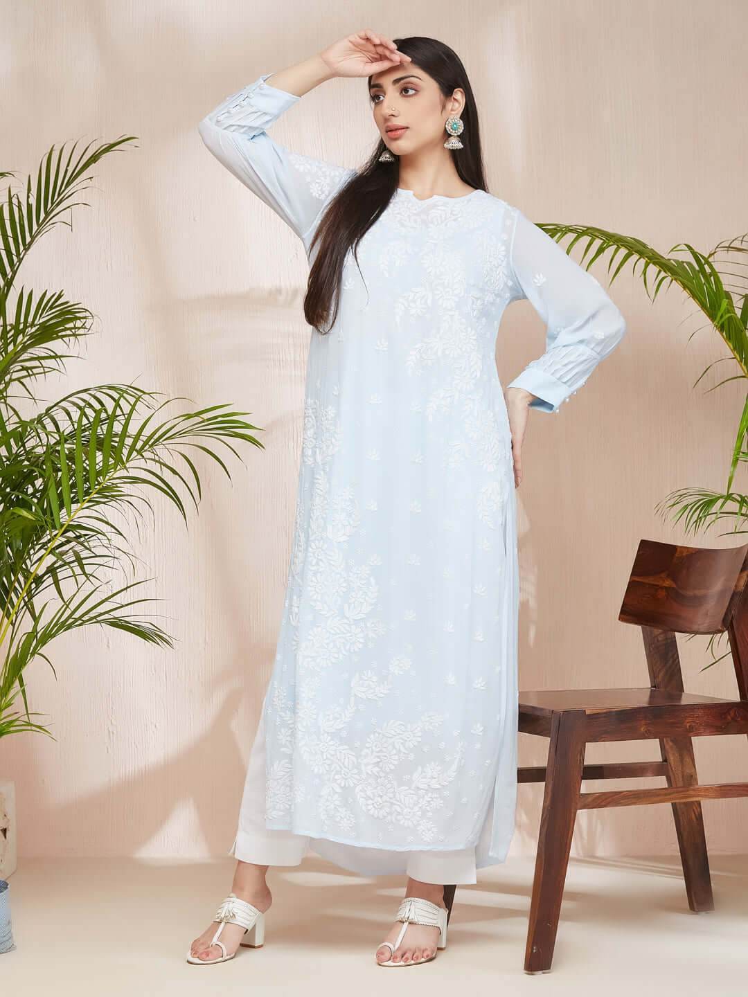 ASMA Chikankari Georgette Cuff Pleat Blue Kurta - KRI CHIKANKARI