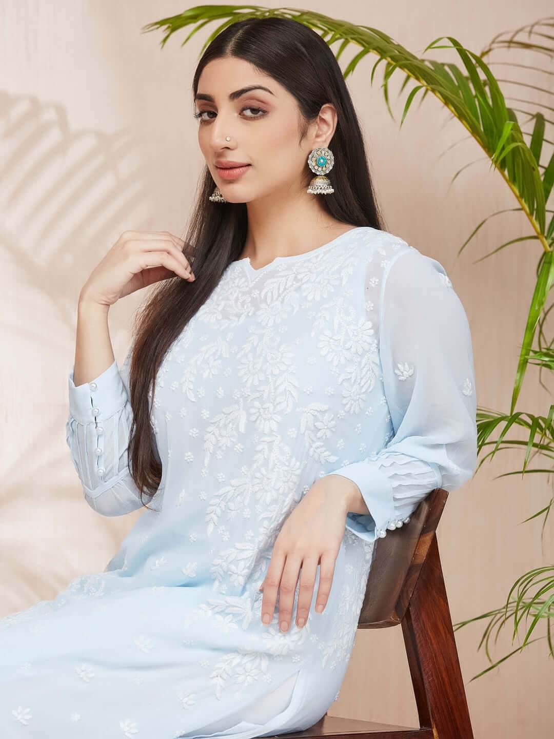ASMA Chikankari Georgette Cuff Pleat Blue Kurta - KRI CHIKANKARI