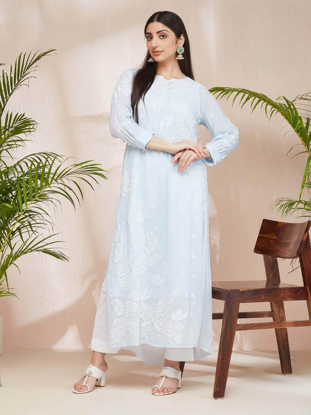 ASMA Chikankari Georgette Cuff Pleat Blue Kurta - KRI CHIKANKARI