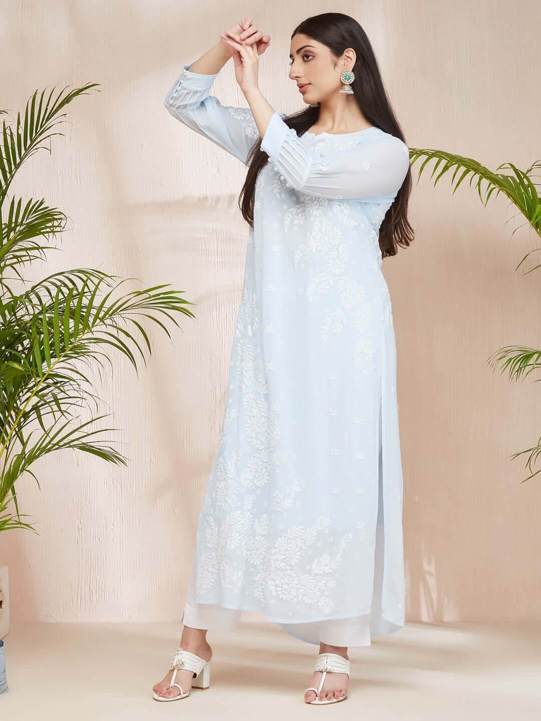 ASMA Chikankari Georgette Cuff Pleat Blue Kurta - KRI CHIKANKARI