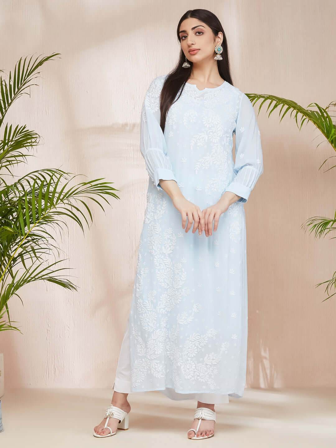 ASMA Chikankari Georgette Cuff Pleat Blue Kurta - KRI CHIKANKARI