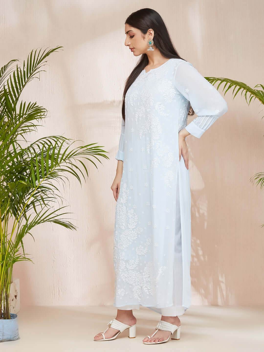 ASMA Chikankari Georgette Cuff Pleat Blue Kurta - KRI CHIKANKARI