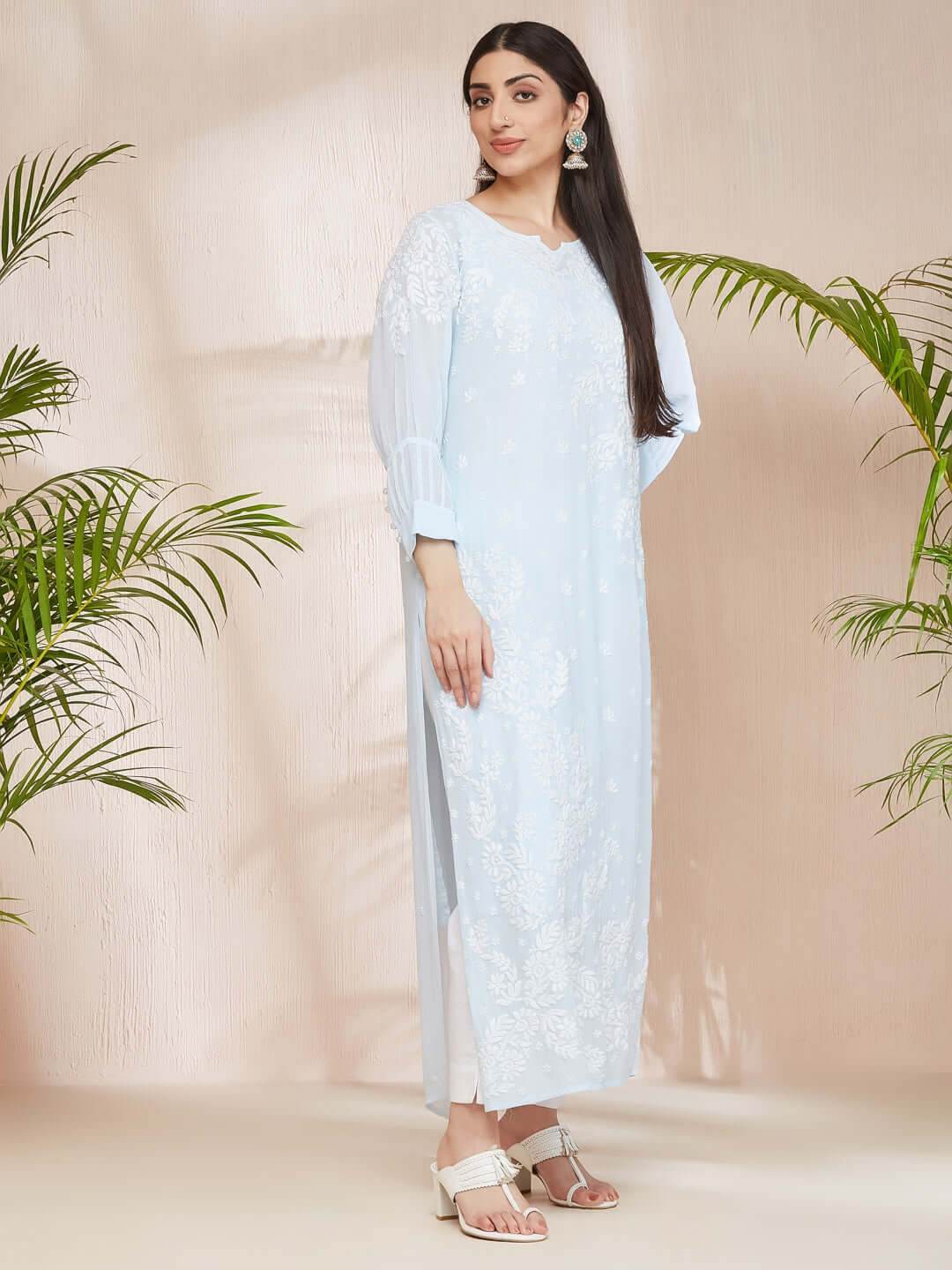 ASMA Chikankari Georgette Cuff Pleat Blue Kurta - KRI CHIKANKARI