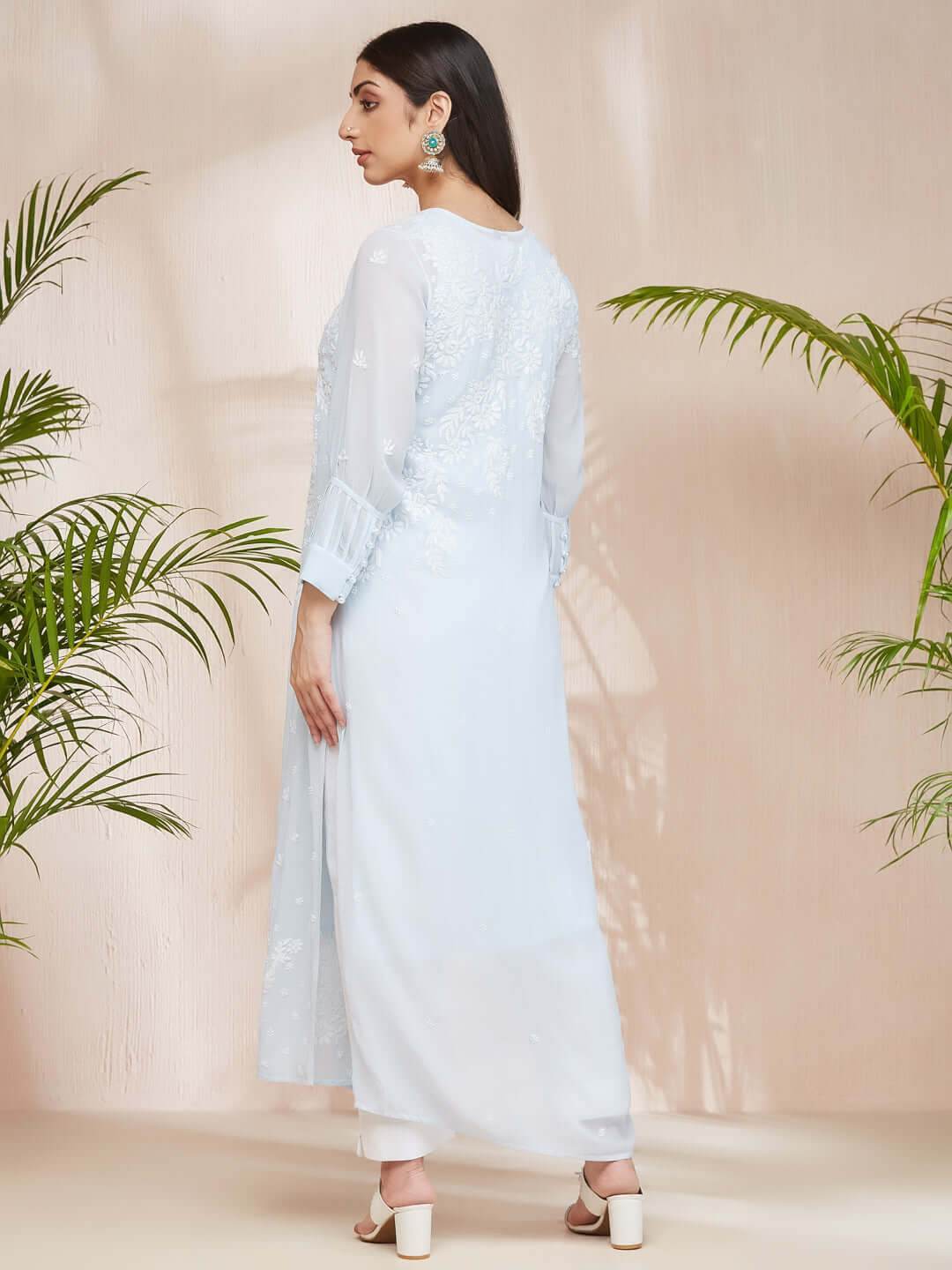 ASMA Chikankari Georgette Cuff Pleat Blue Kurta - KRI CHIKANKARI