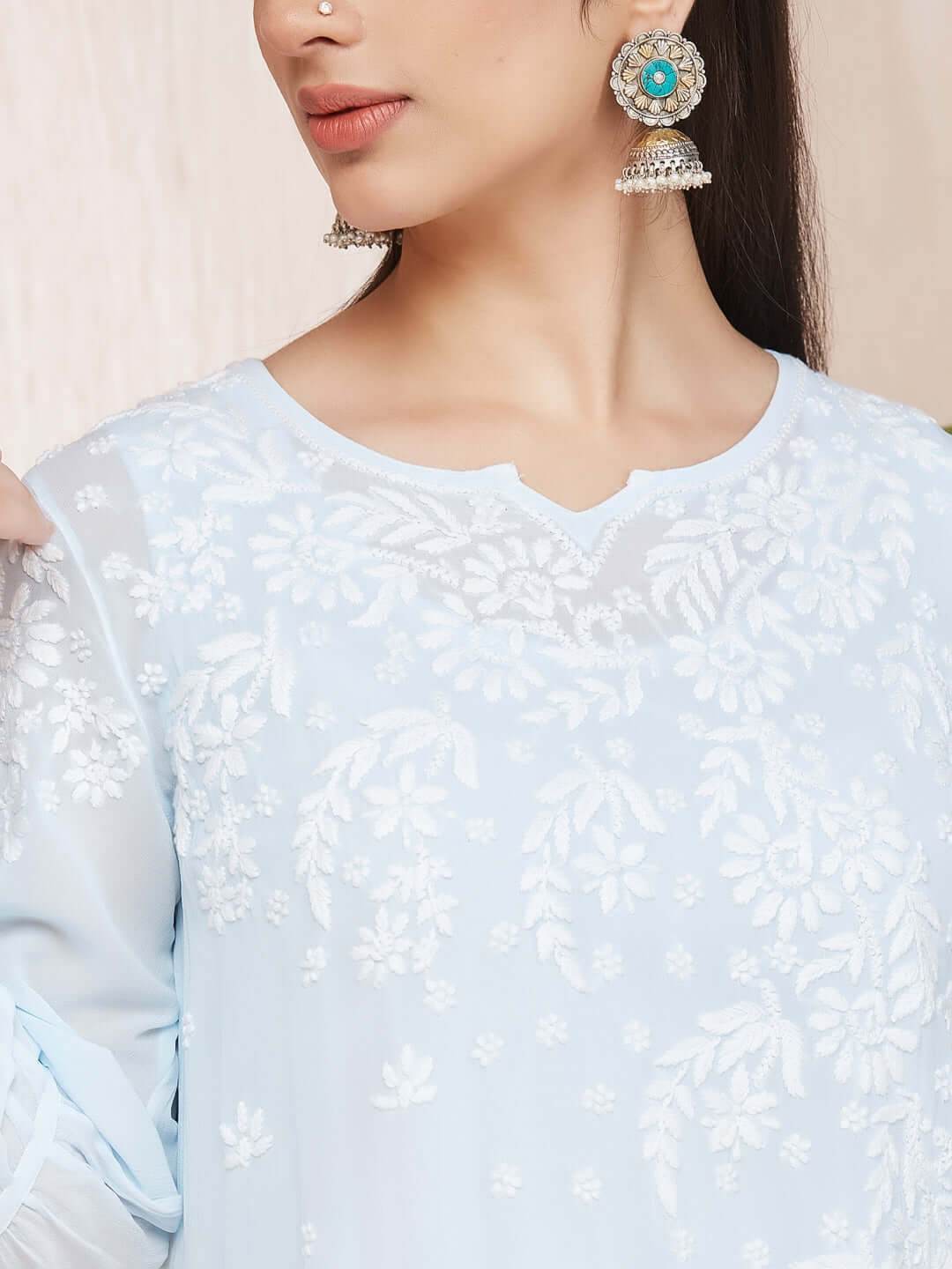 ASMA Chikankari Georgette Cuff Pleat Blue Kurta - KRI CHIKANKARI