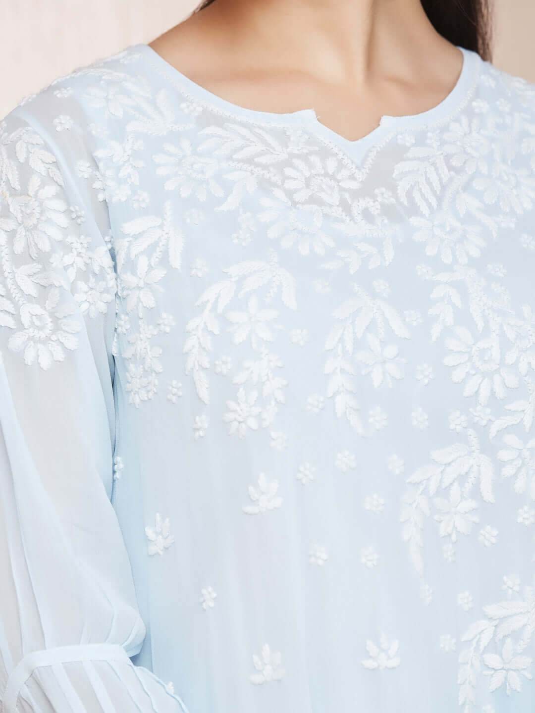 ASMA Chikankari Georgette Cuff Pleat Blue Kurta - KRI CHIKANKARI