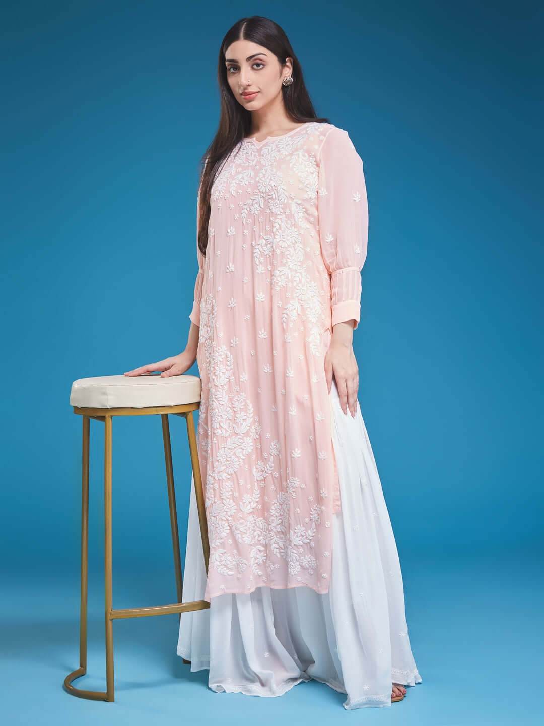 ASMA Chikankari Georgette Cuff Pleat Peach Kurta - KRI CHIKANKARI