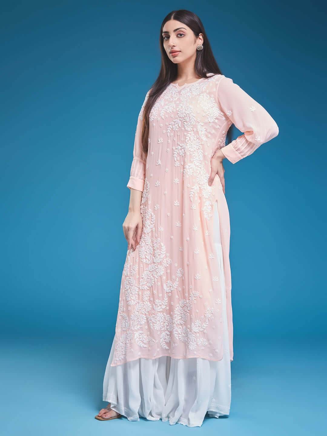 ASMA Chikankari Georgette Cuff Pleat Peach Kurta - KRI CHIKANKARI