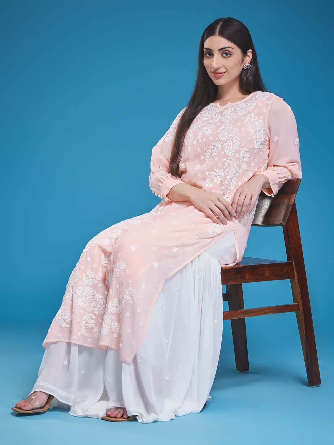 ASMA Chikankari Georgette Cuff Pleat Peach Kurta - KRI CHIKANKARI