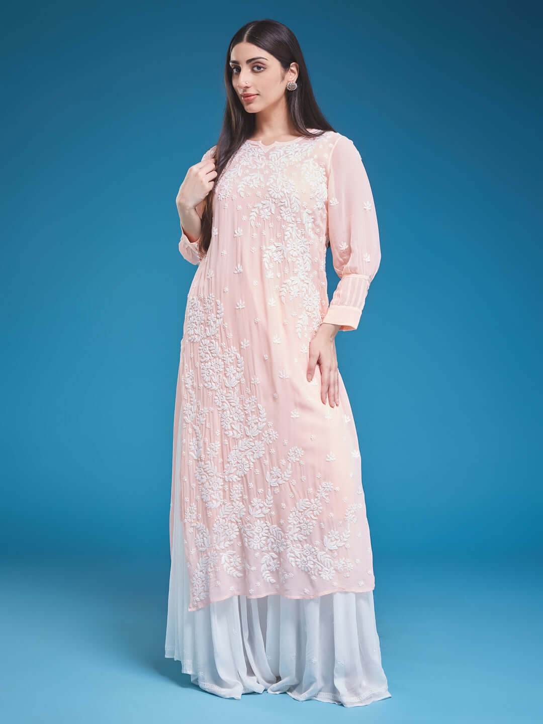 ASMA Chikankari Georgette Cuff Pleat Peach Kurta - KRI CHIKANKARI