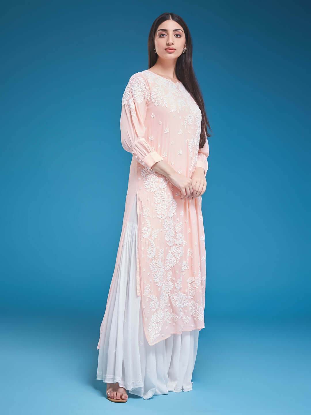 ASMA Chikankari Georgette Cuff Pleat Peach Kurta - KRI CHIKANKARI