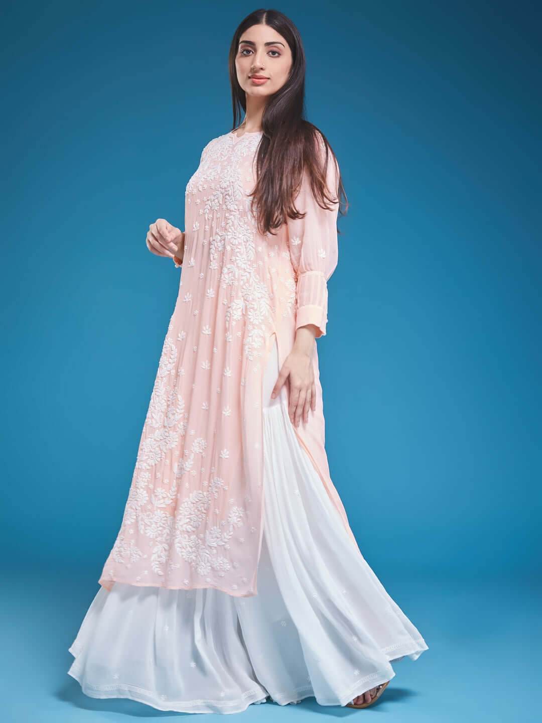 ASMA Chikankari Georgette Cuff Pleat Peach Kurta - KRI CHIKANKARI