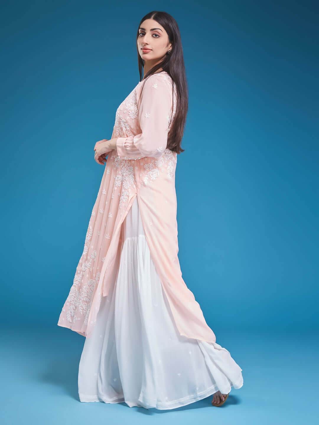 ASMA Chikankari Georgette Cuff Pleat Peach Kurta - KRI CHIKANKARI