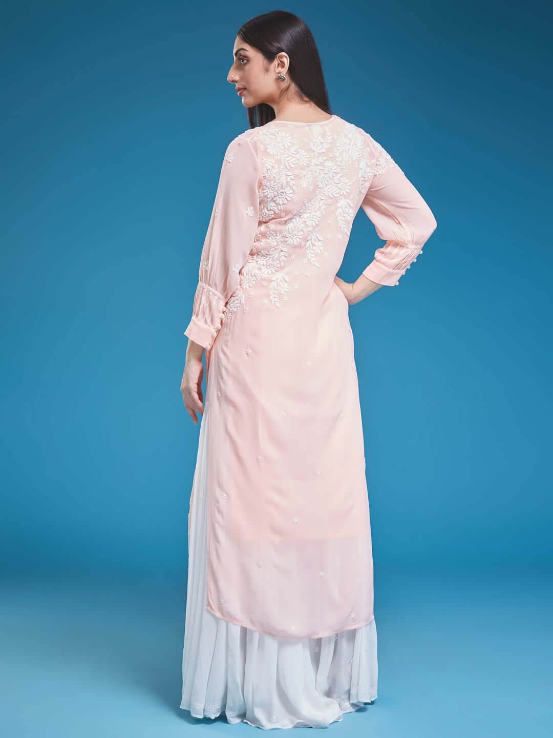 ASMA Chikankari Georgette Cuff Pleat Peach Kurta - KRI CHIKANKARI