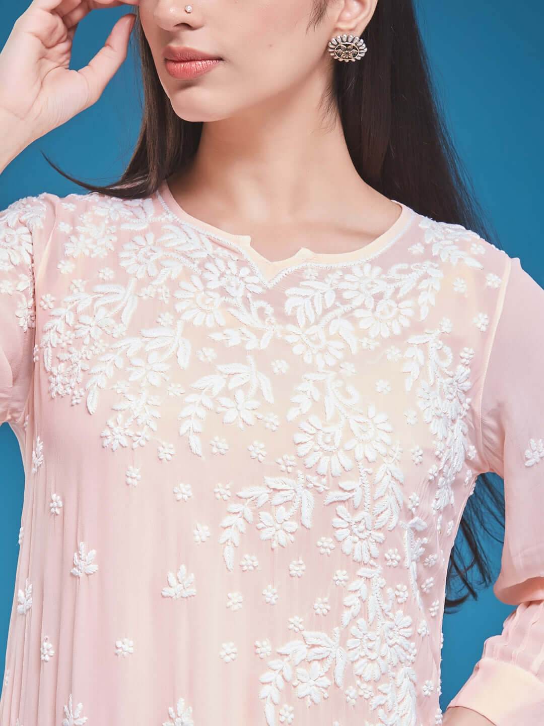 ASMA Chikankari Georgette Cuff Pleat Peach Kurta - KRI CHIKANKARI
