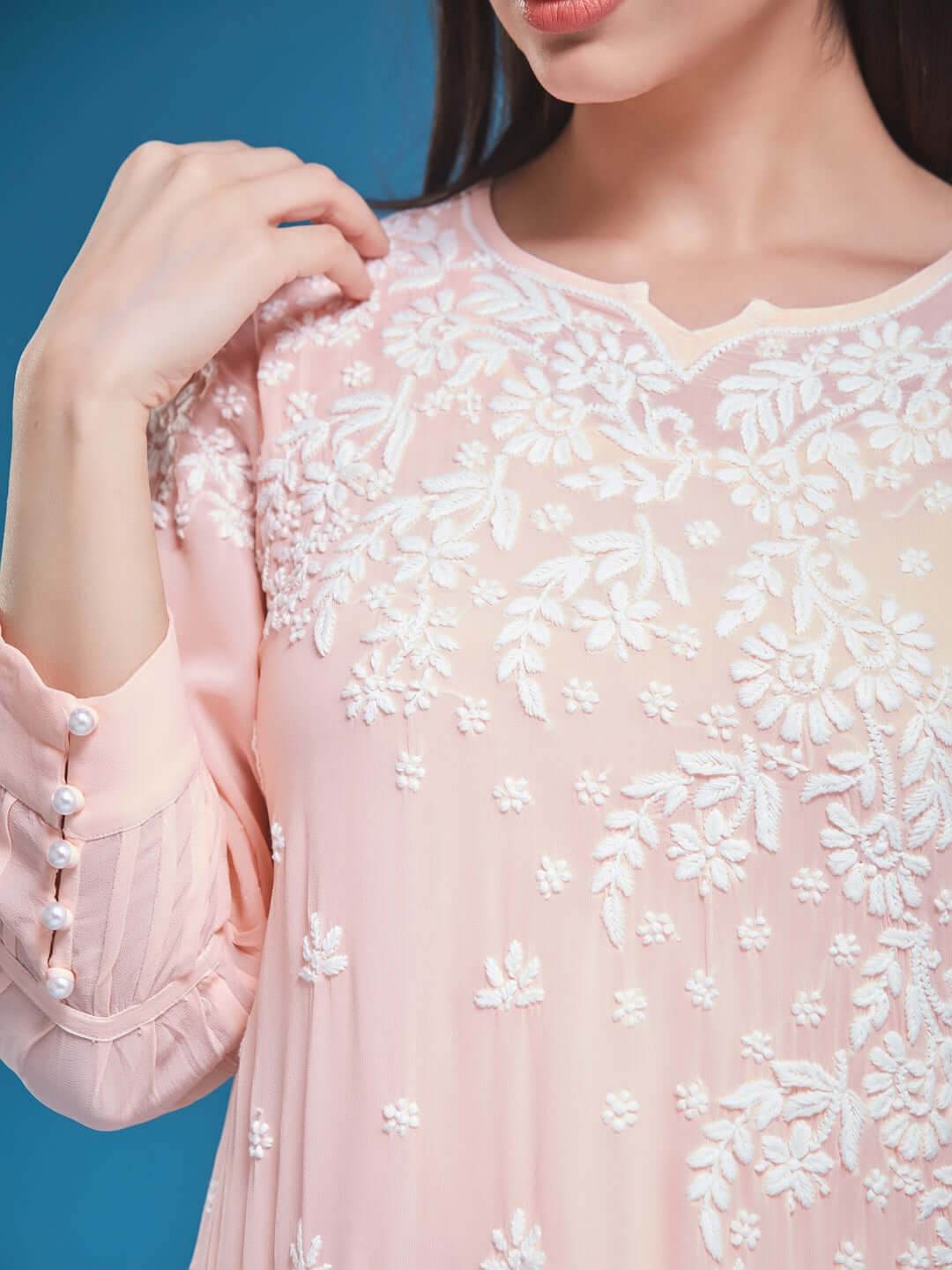 ASMA Chikankari Georgette Cuff Pleat Peach Kurta - KRI CHIKANKARI