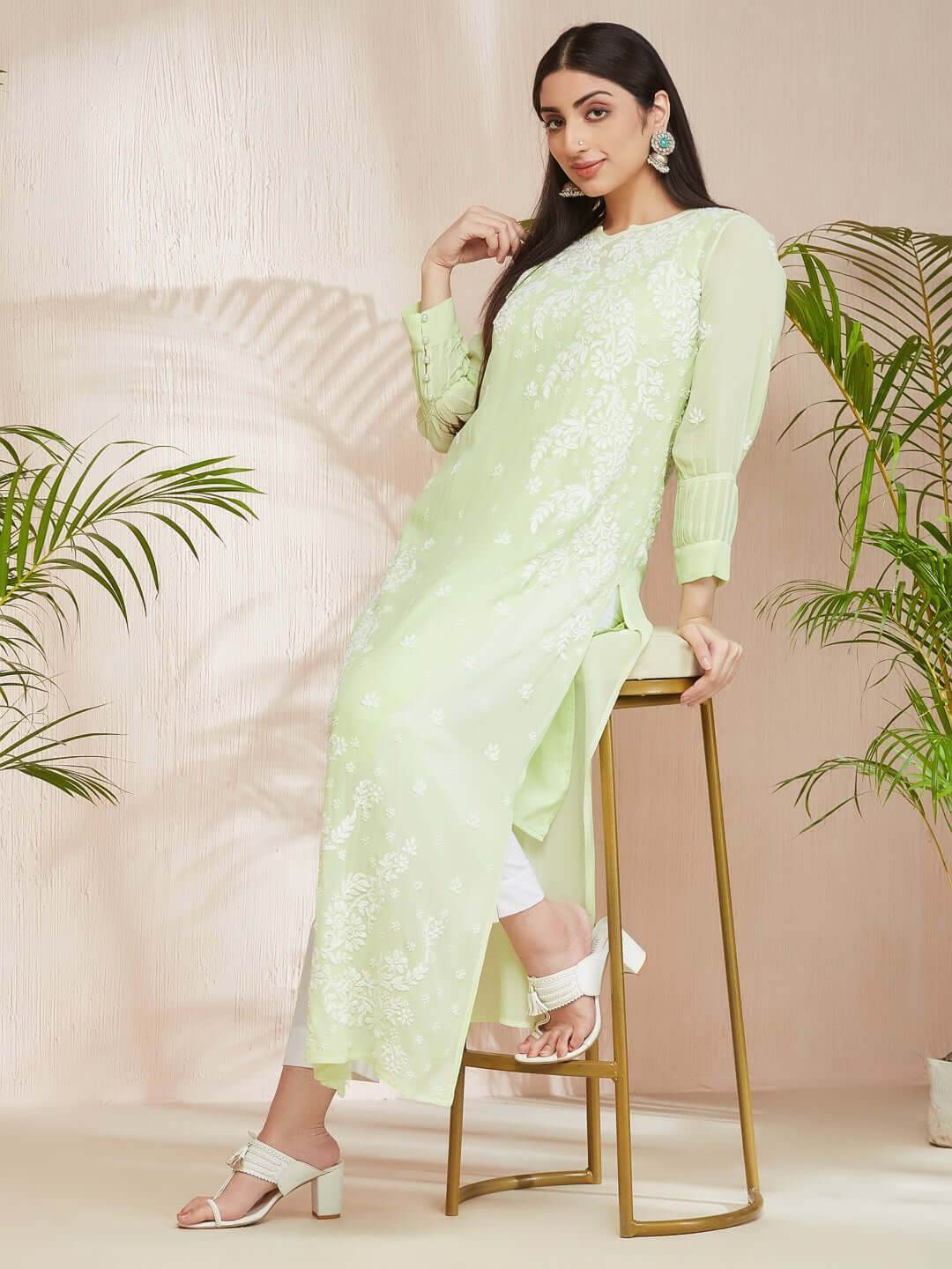 ASMA Chikankari Georgette New Cuff Pleat Pista Green Kurta - KRI CHIKANKARI