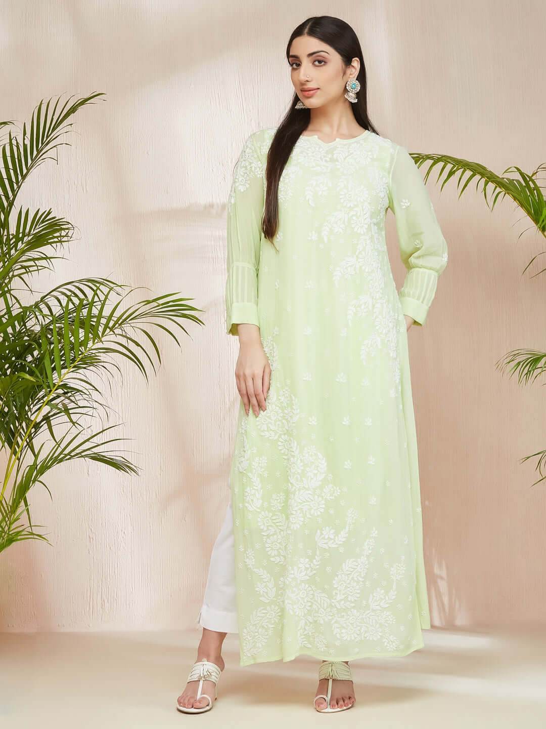ASMA Chikankari Georgette New Cuff Pleat Pista Green Kurta - KRI CHIKANKARI
