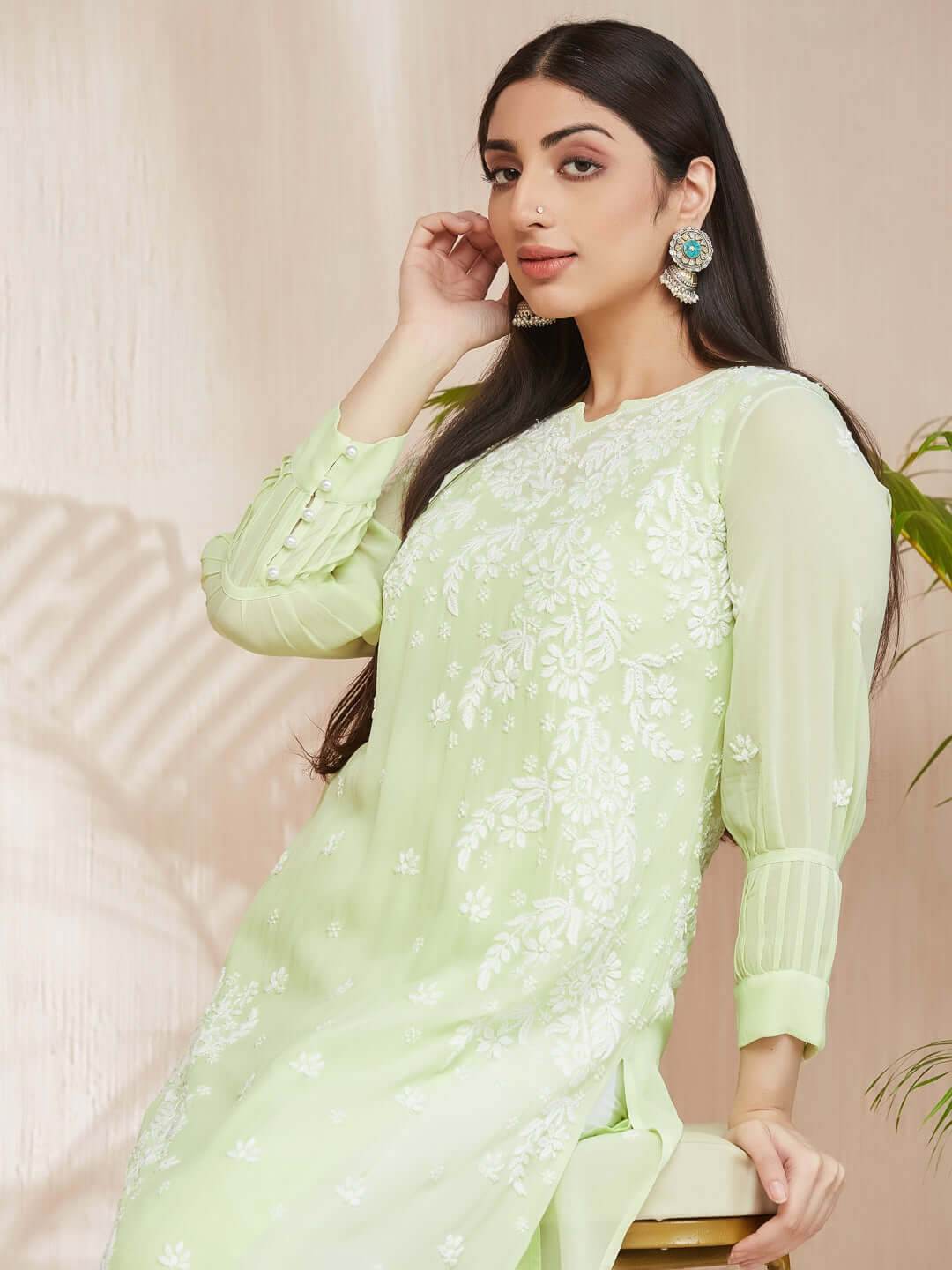 ASMA Chikankari Georgette New Cuff Pleat Pista Green Kurta - KRI CHIKANKARI