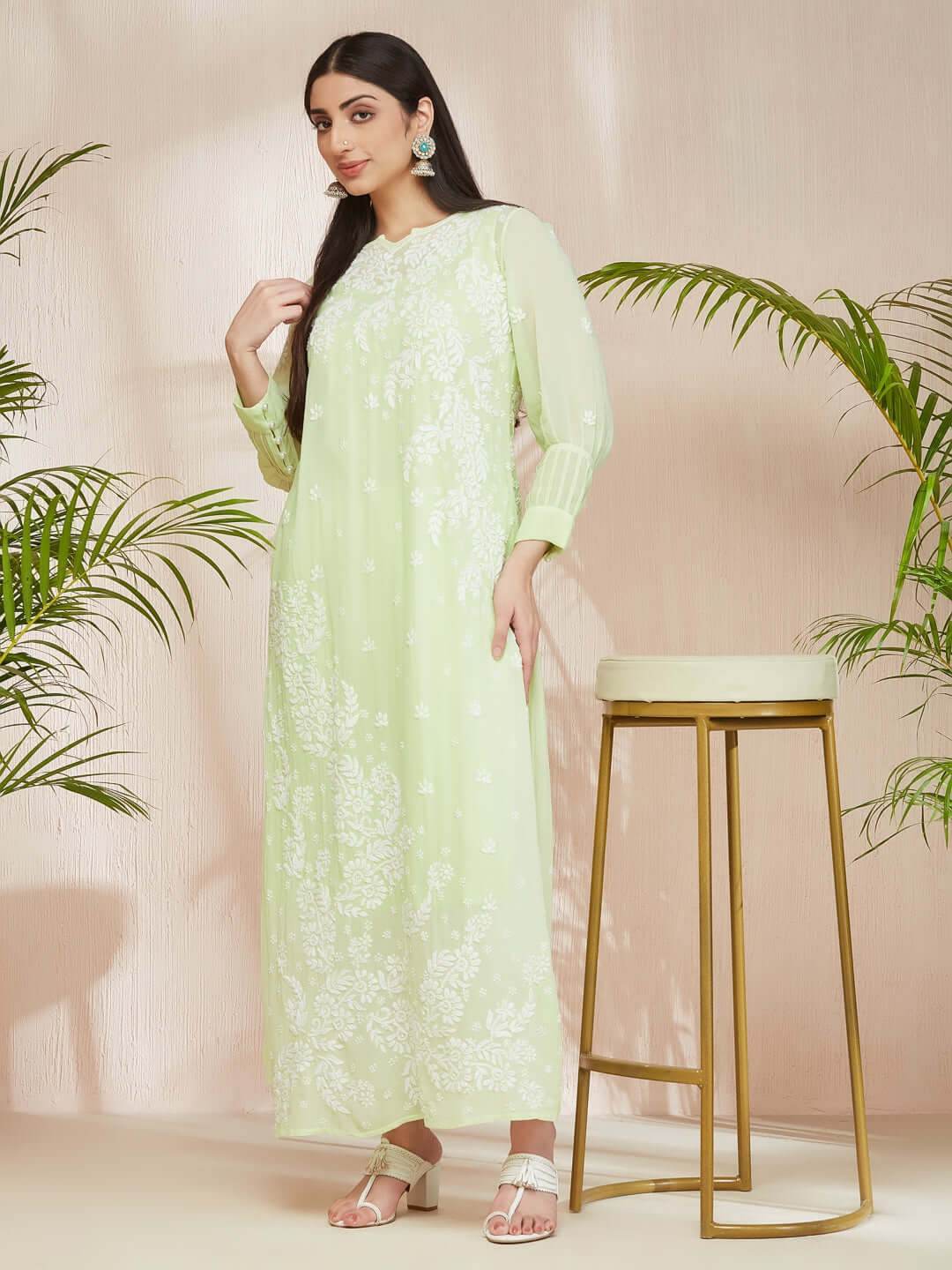 ASMA Chikankari Georgette New Cuff Pleat Pista Green Kurta - KRI CHIKANKARI