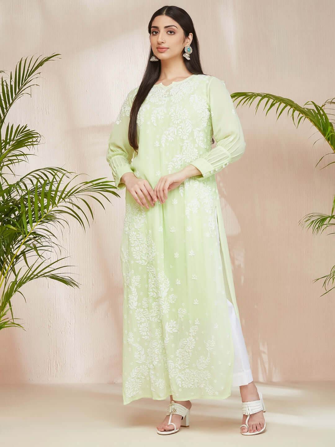 ASMA Chikankari Georgette New Cuff Pleat Pista Green Kurta - KRI CHIKANKARI