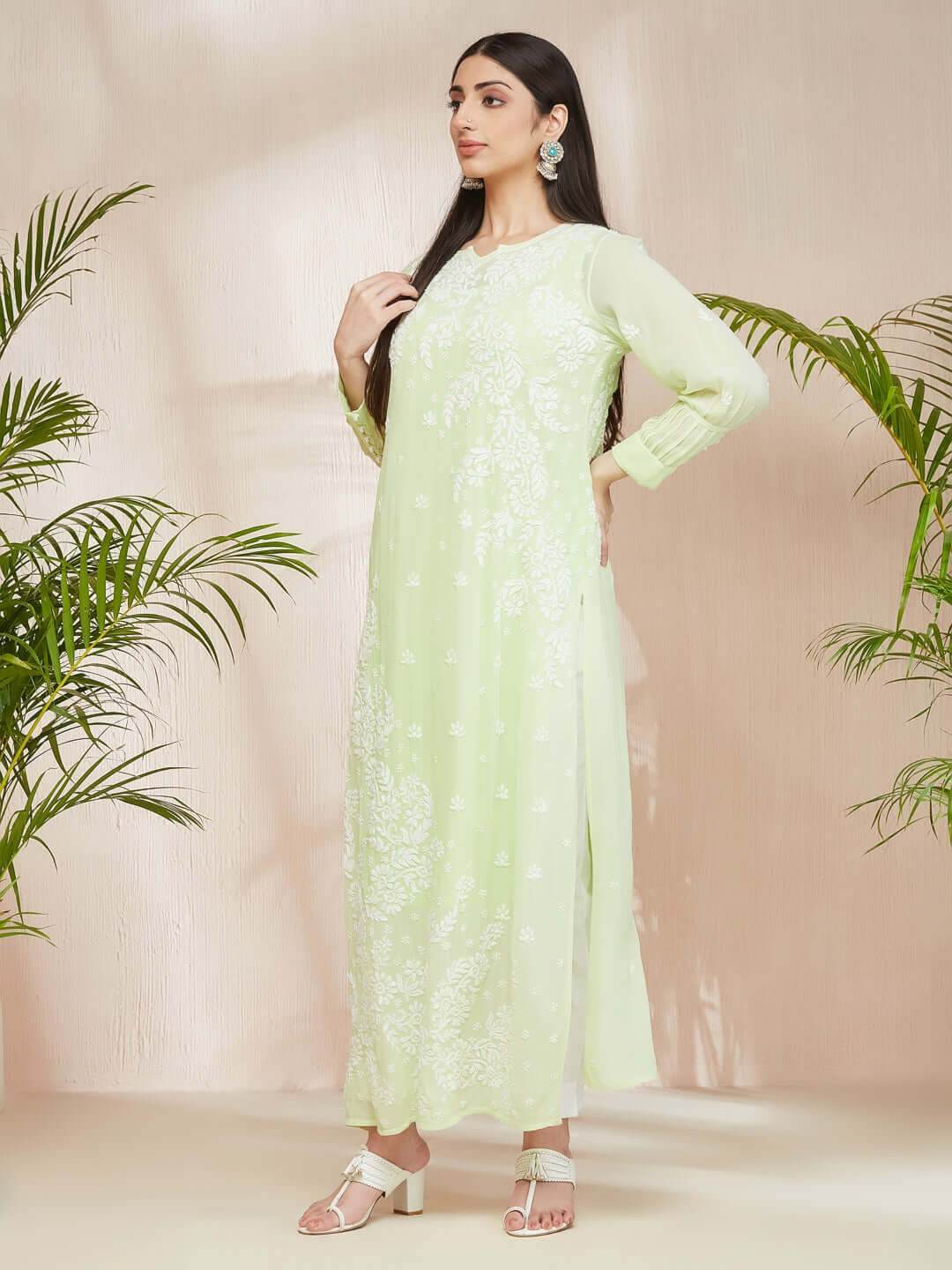 ASMA Chikankari Georgette New Cuff Pleat Pista Green Kurta - KRI CHIKANKARI