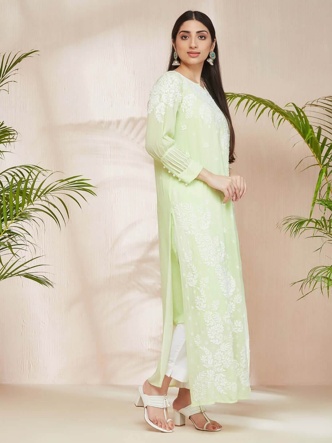 ASMA Chikankari Georgette New Cuff Pleat Pista Green Kurta - KRI CHIKANKARI
