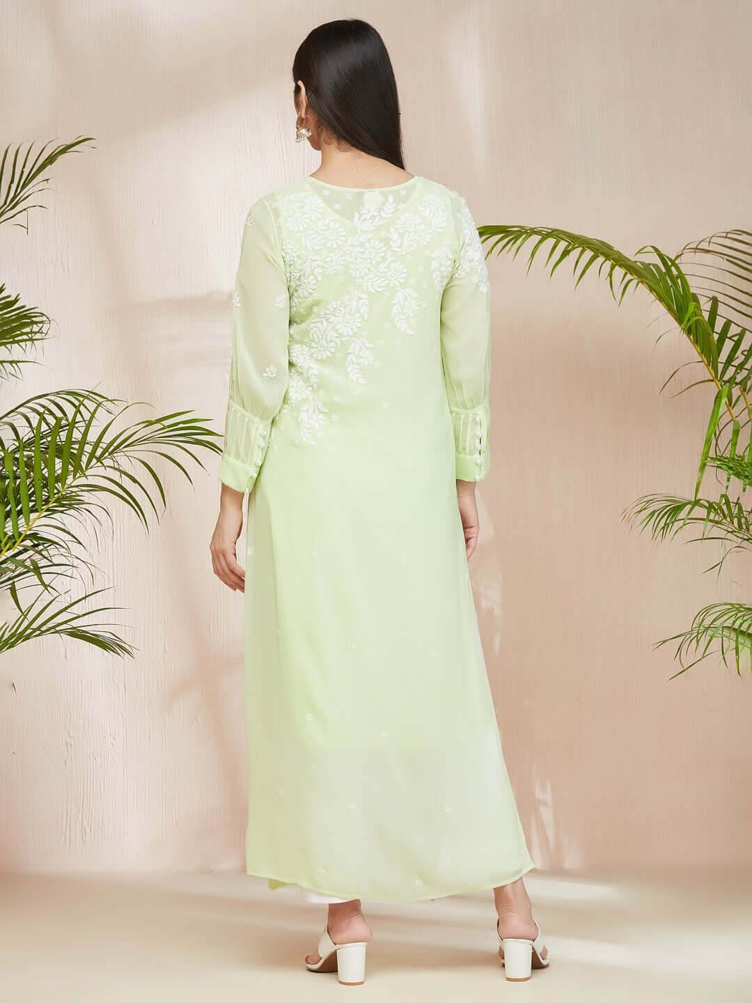 ASMA Chikankari Georgette New Cuff Pleat Pista Green Kurta - KRI CHIKANKARI