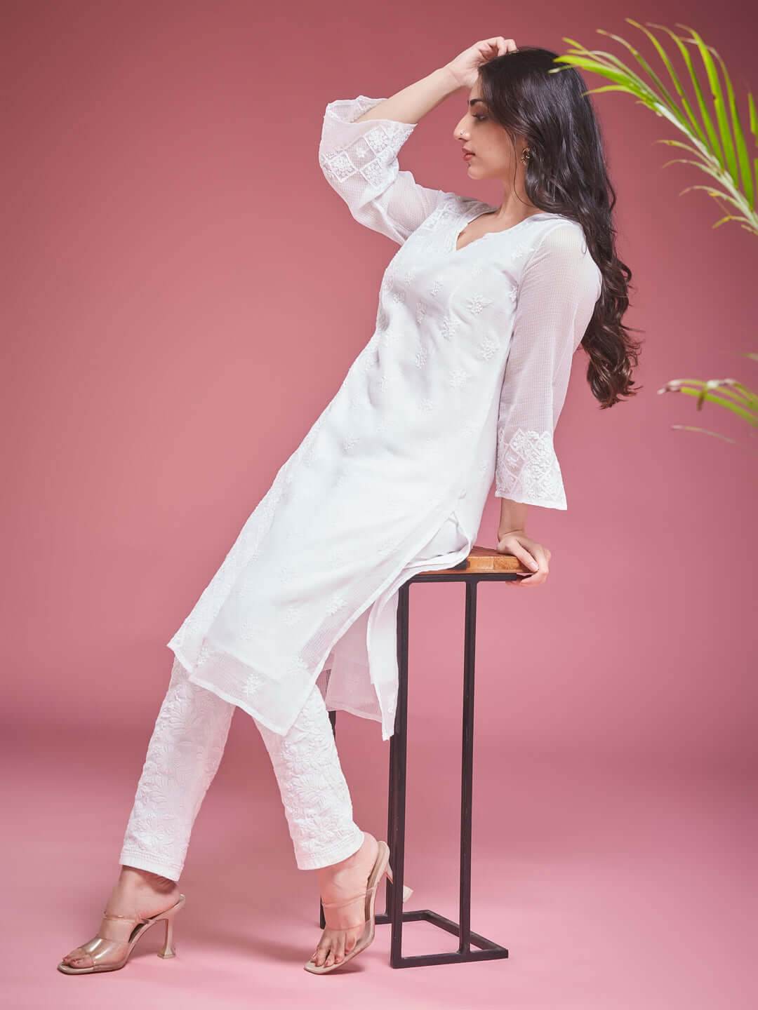 AZEEZA Chikankari Bell Sleeves Kurti - KRI CHIKANKARI