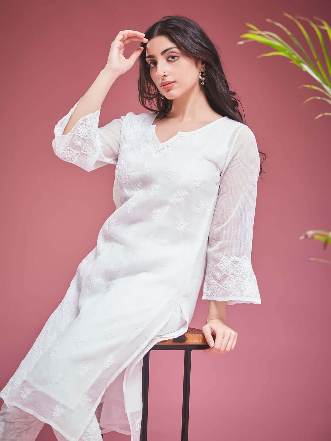 AZEEZA Chikankari Bell Sleeves Kurti - KRI CHIKANKARI