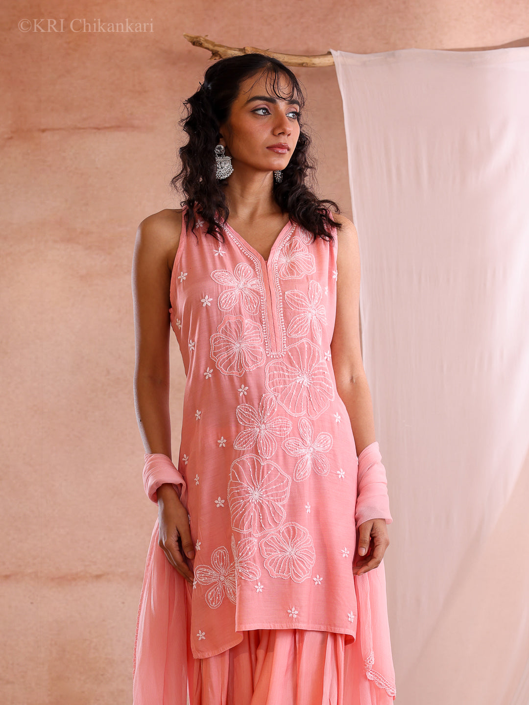 FARSHI CHIKANKARI PEACH MUSLIN KURTA