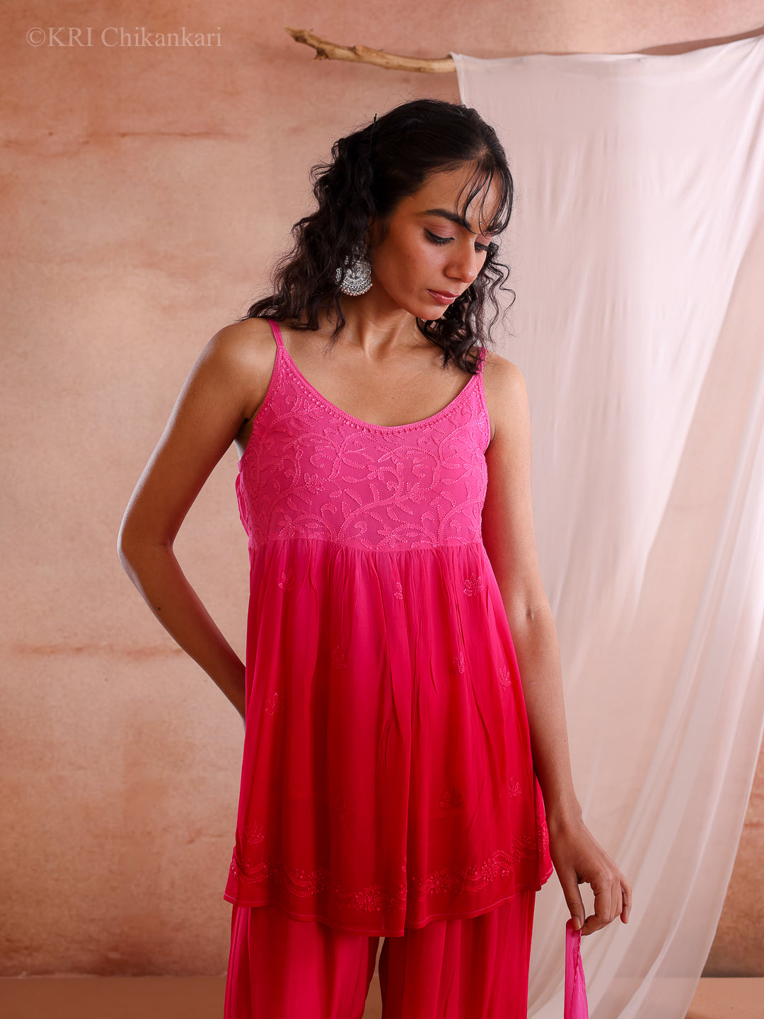 ZIVA CHIKANKARI PINK GEORGETTE CAMI TOP