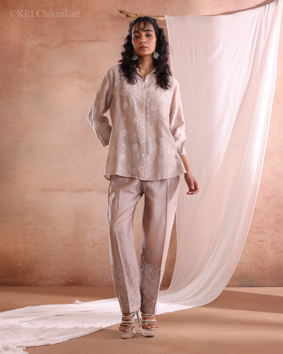MILI CHIKANKARI DUSTY BROWN CHANDERI PANTS