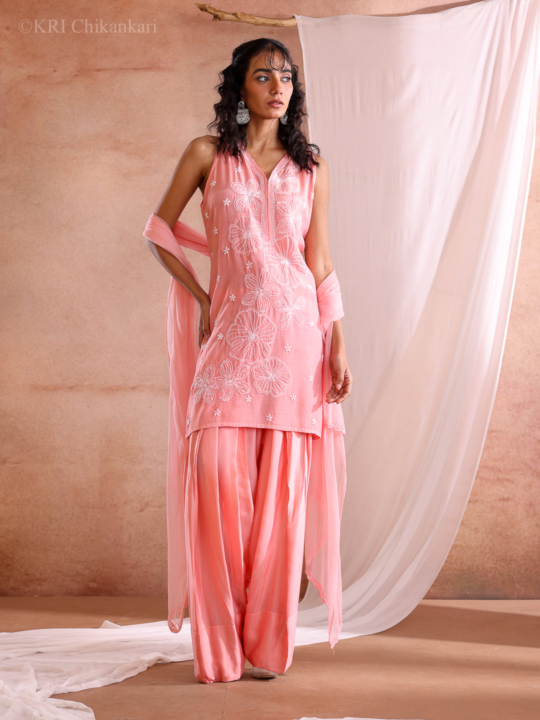 FARSHI CHIKANKARI PEACH MUSLIN KURTA SET