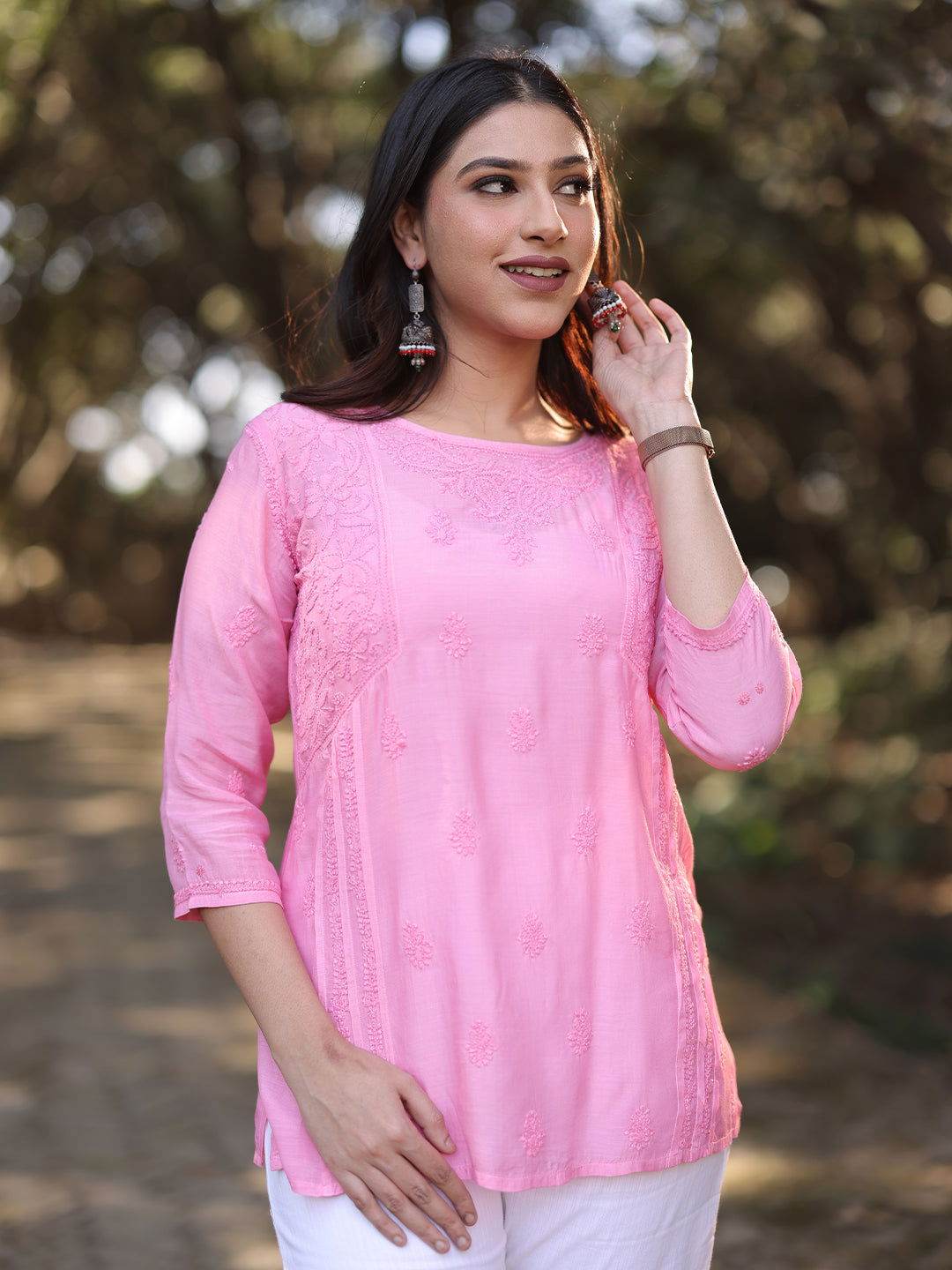 CHANDNI Chikankari Muslin Pink Top - KRI CHIKANKARI