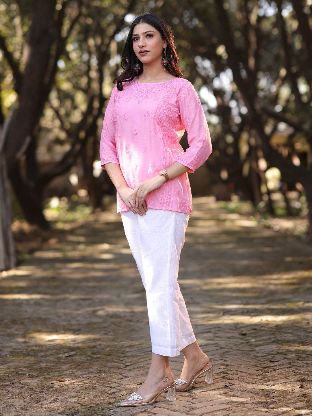 CHANDNI Chikankari Muslin Pink Top - KRI CHIKANKARI