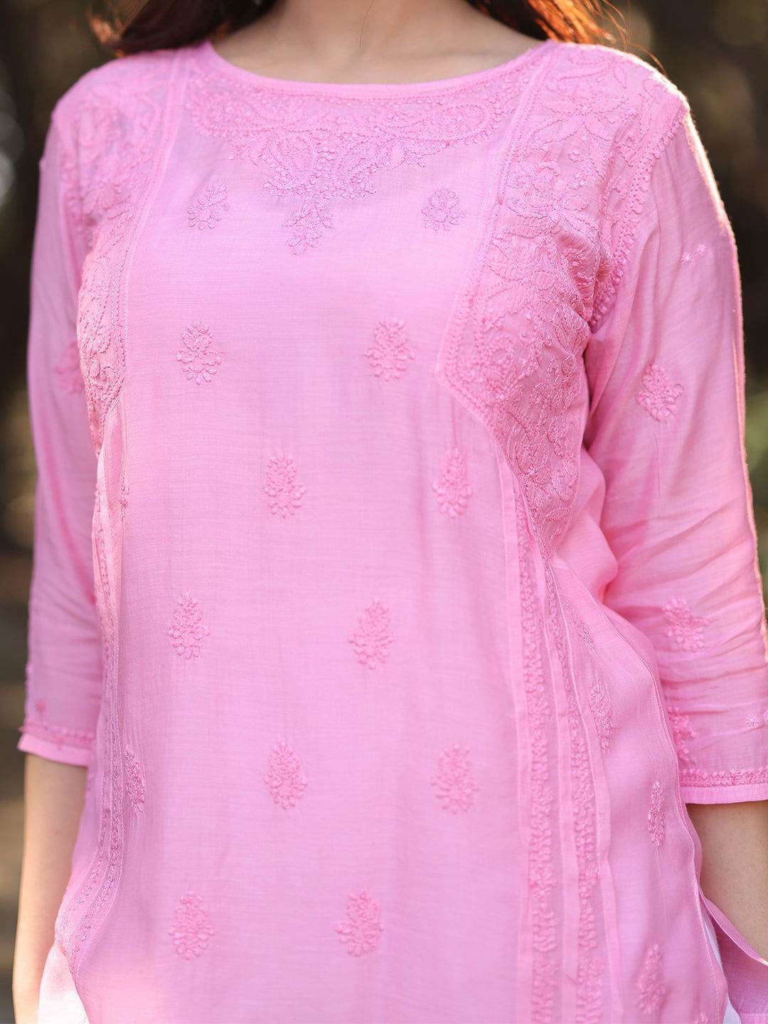 CHANDNI Chikankari Muslin Pink Top - KRI CHIKANKARI