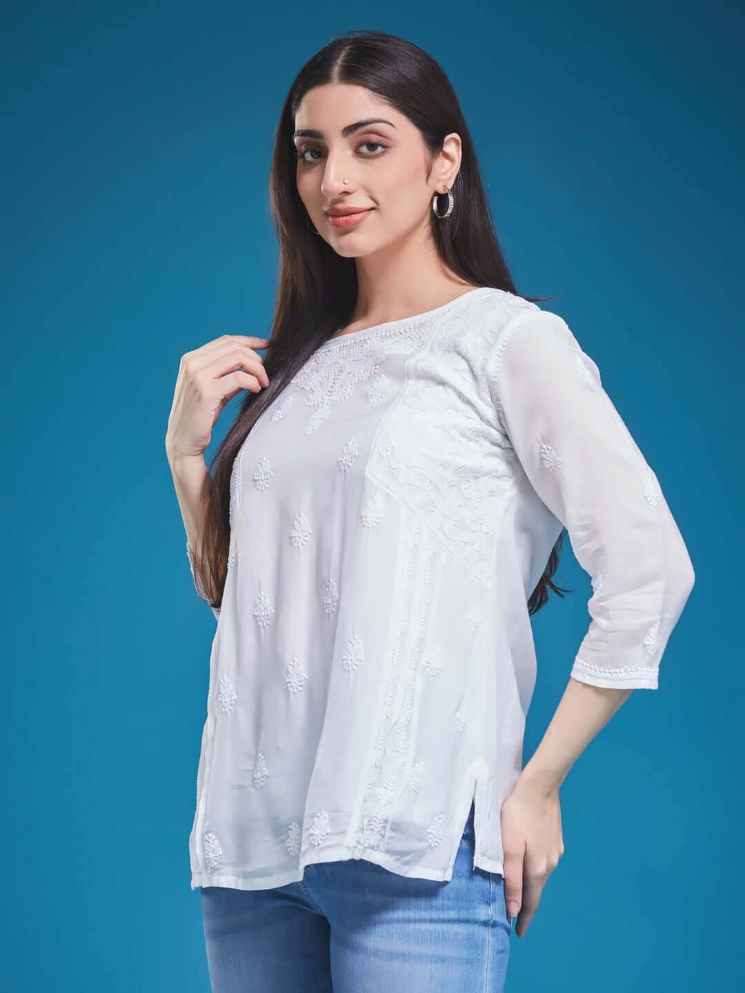 CHANDNI Chikankari Muslin White Top - KRI CHIKANKARI