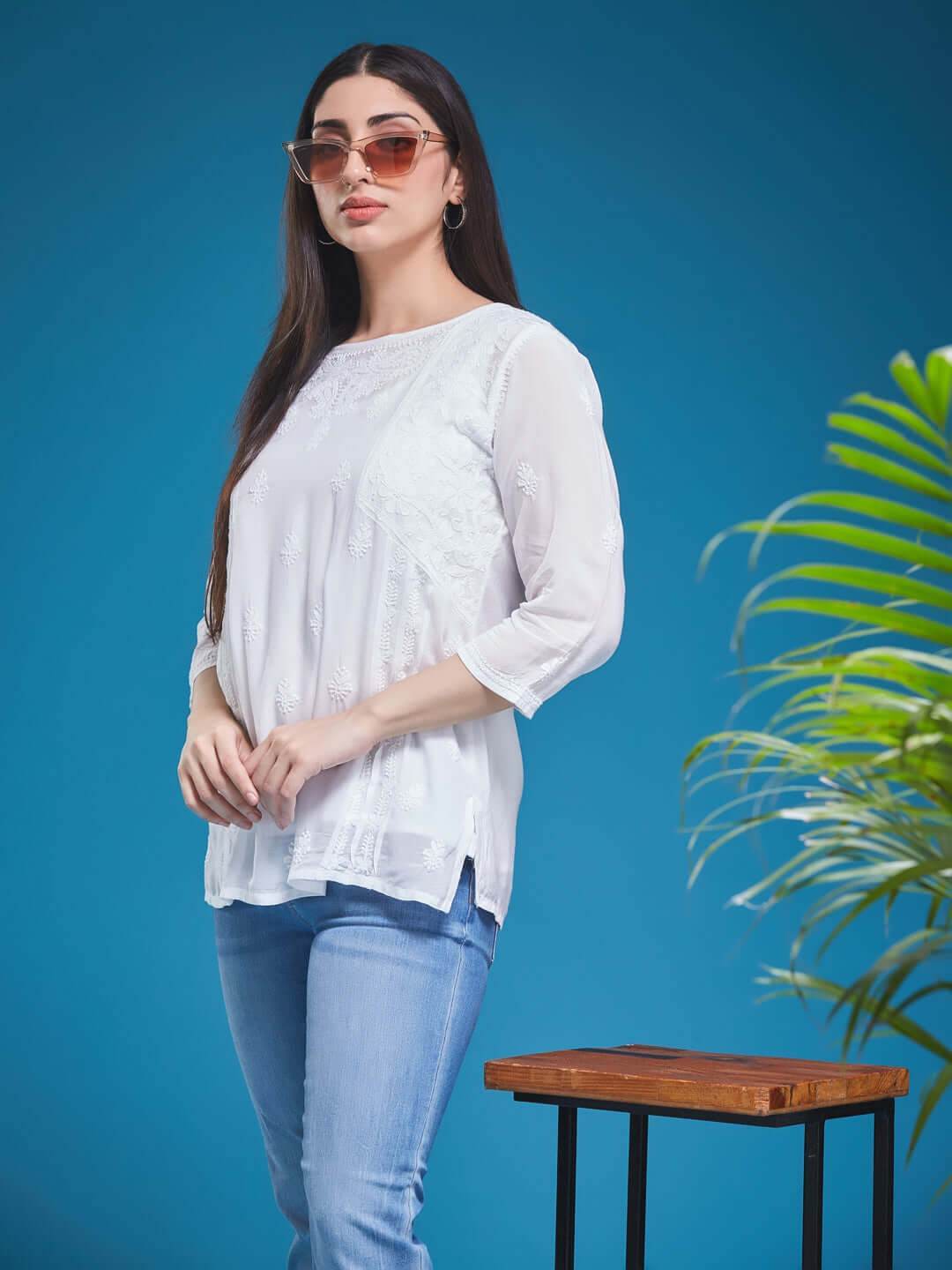 CHANDNI Chikankari Muslin White Top - KRI CHIKANKARI