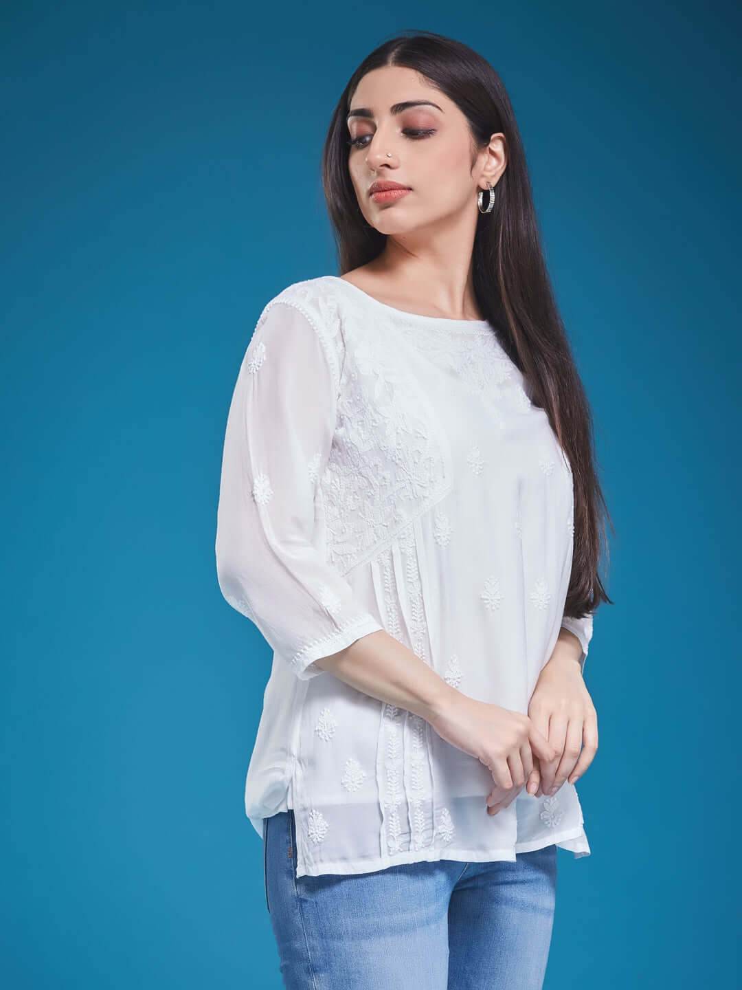 CHANDNI Chikankari Muslin White Top - KRI CHIKANKARI