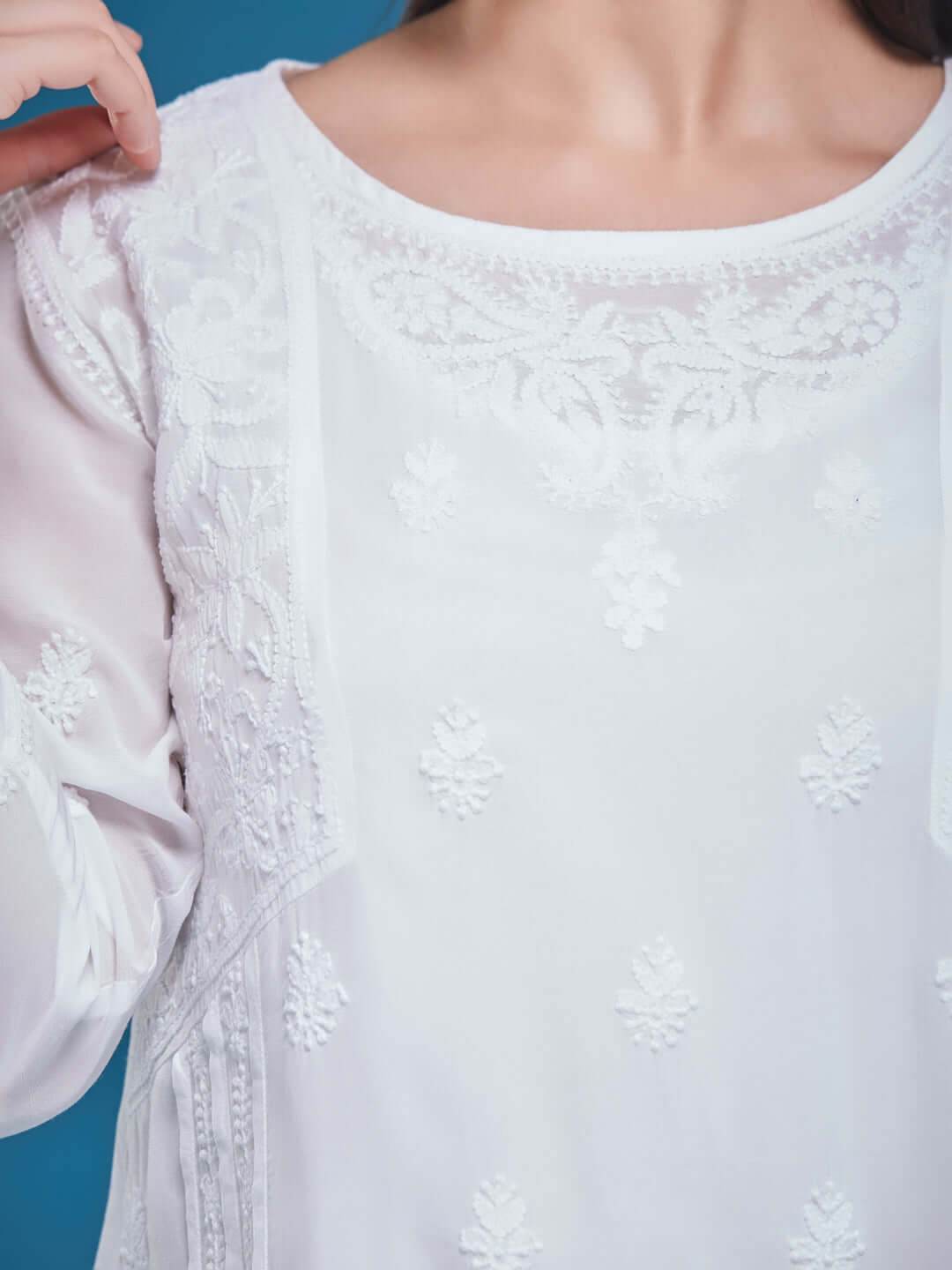CHANDNI Chikankari Muslin White Top - KRI CHIKANKARI