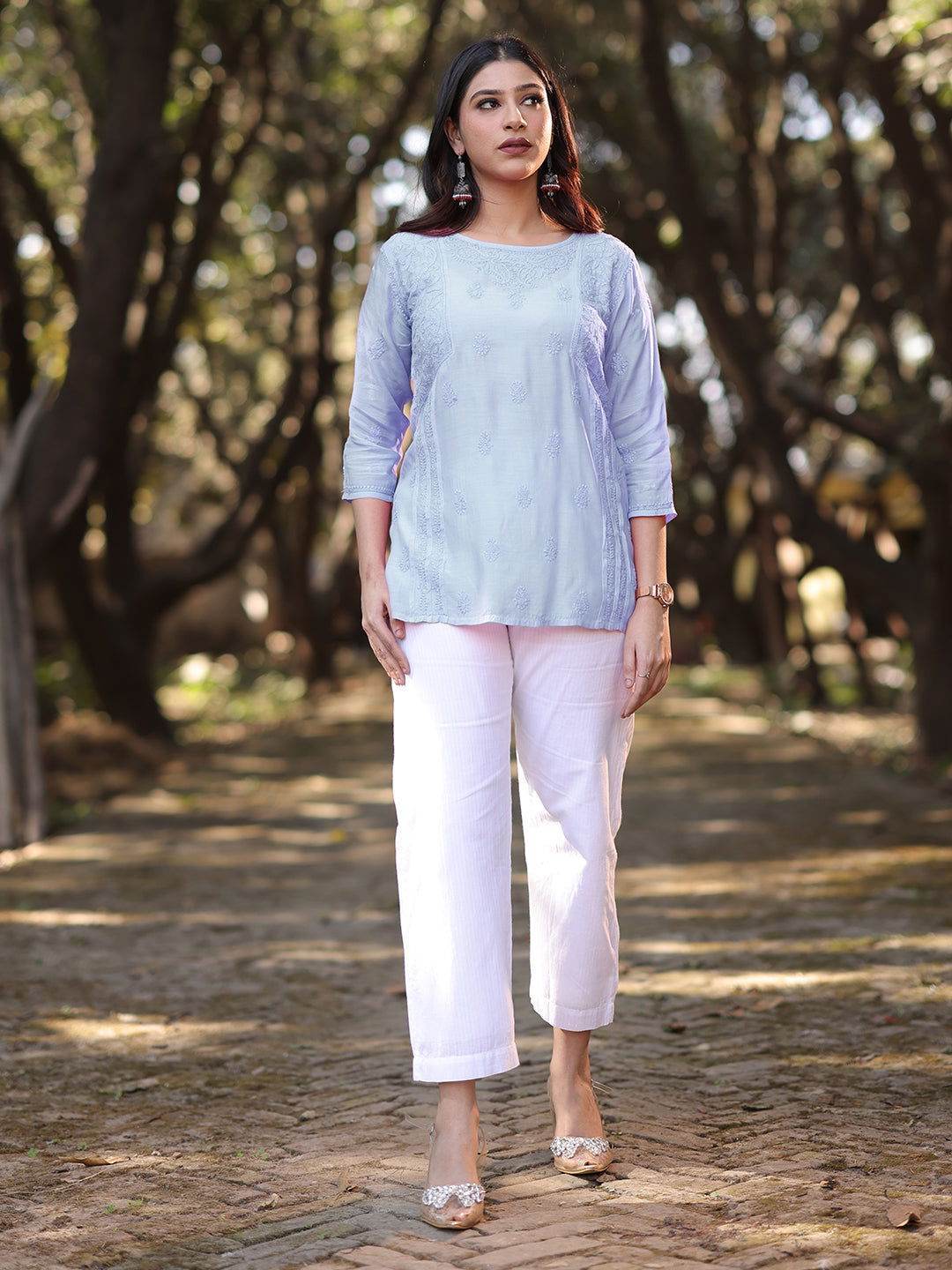 CHANDNI Chikankari Muslin Blue Top - KRI CHIKANKARI