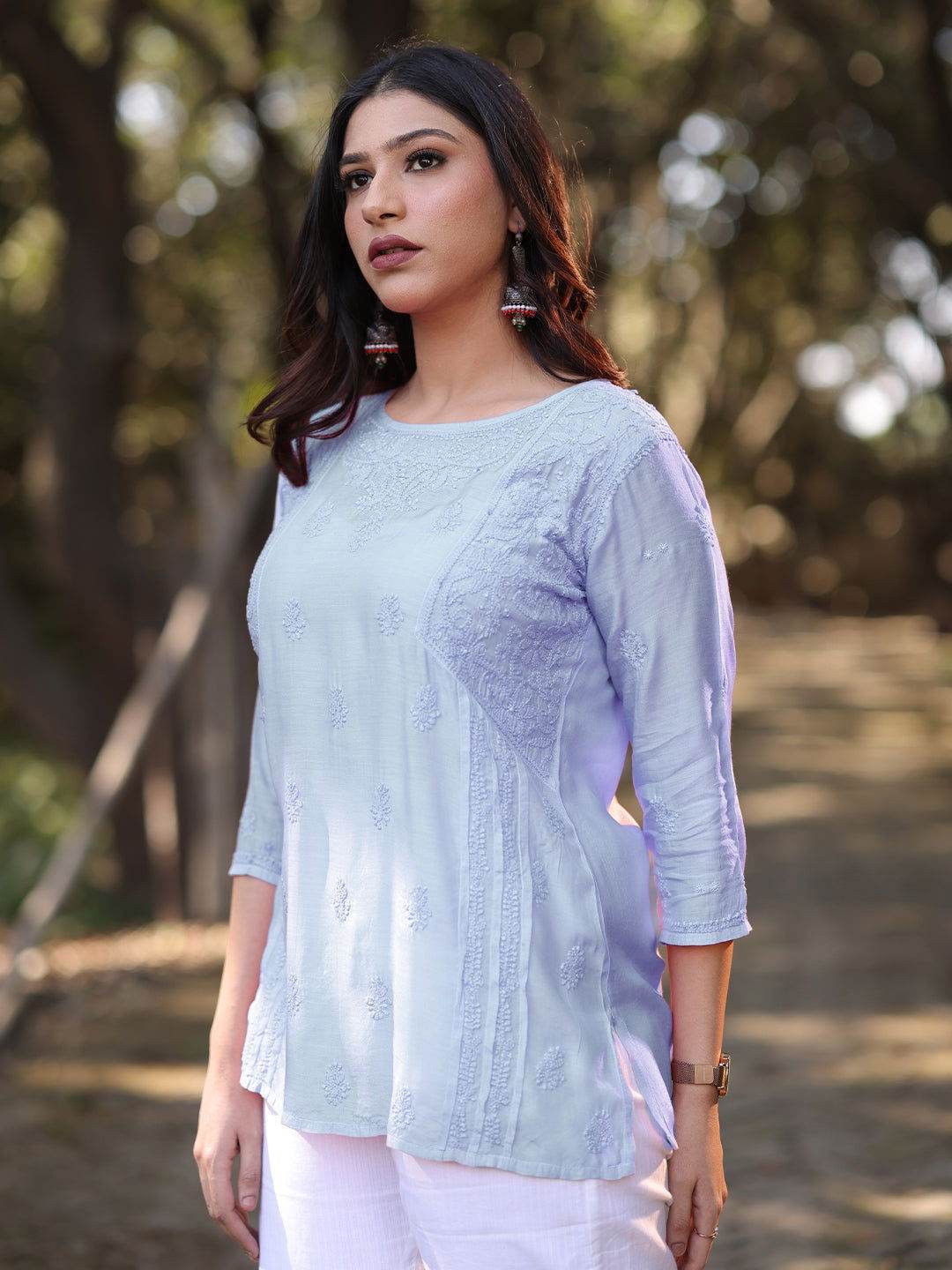 CHANDNI Chikankari Muslin Blue Top - KRI CHIKANKARI