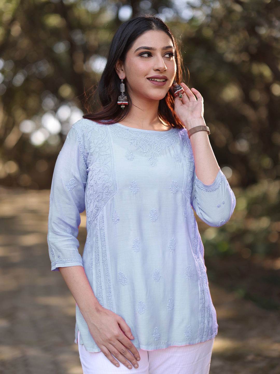 CHANDNI Chikankari Muslin Blue Top - KRI CHIKANKARI