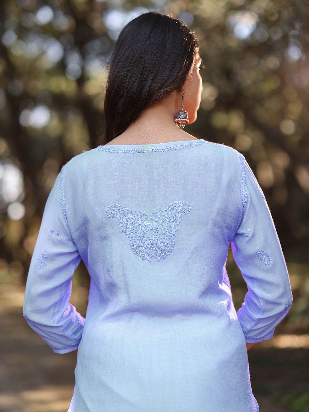 CHANDNI Chikankari Muslin Blue Top - KRI CHIKANKARI