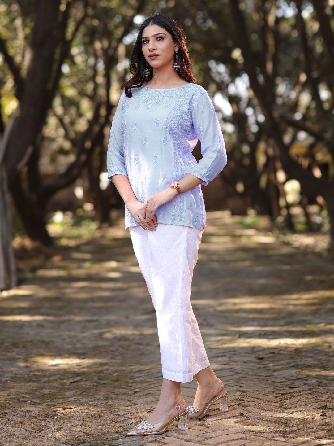 CHANDNI Chikankari Muslin Blue Top - KRI CHIKANKARI