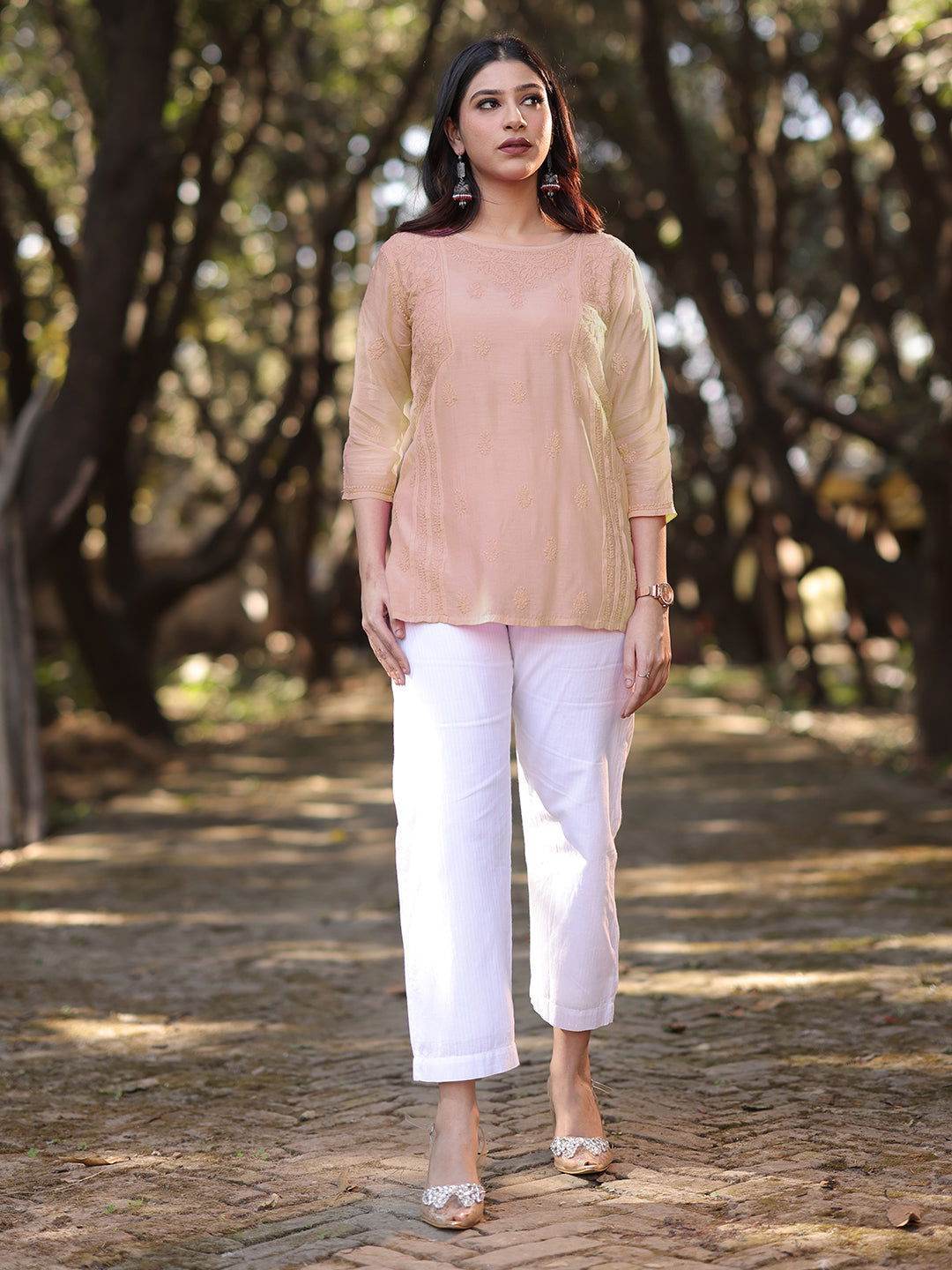 CHANDNI Chikankari Muslin Beige Top - KRI CHIKANKARI