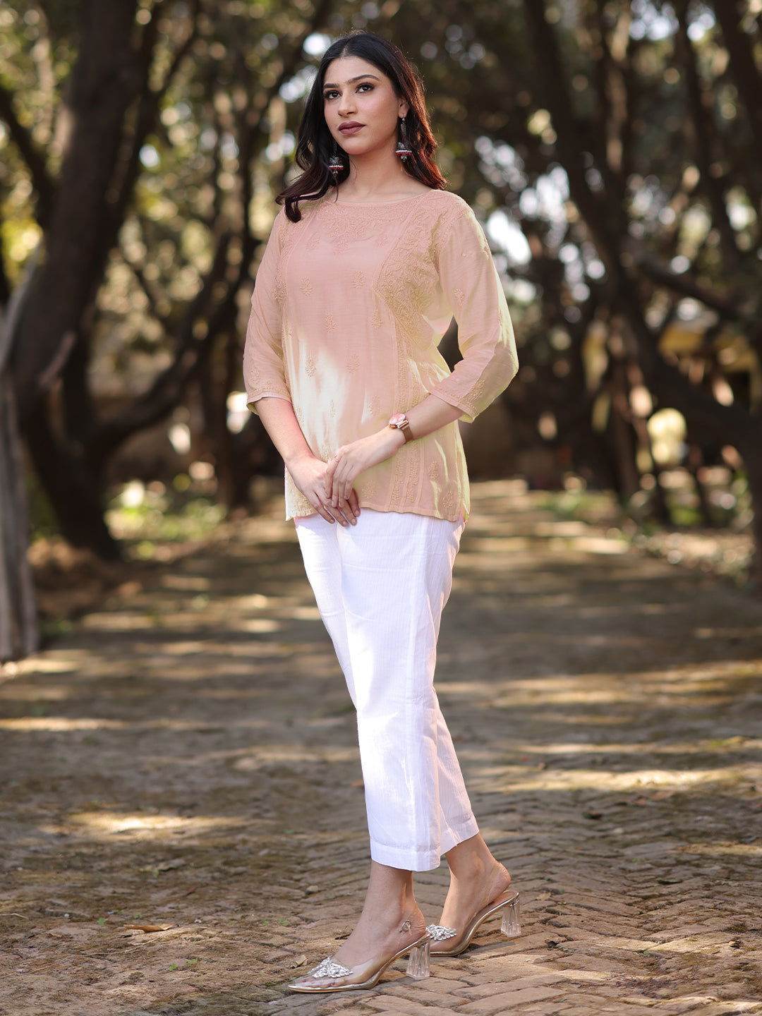 CHANDNI Chikankari Muslin Beige Top - KRI CHIKANKARI