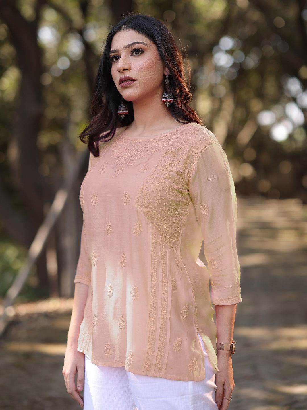 CHANDNI Chikankari Muslin Beige Top - KRI CHIKANKARI